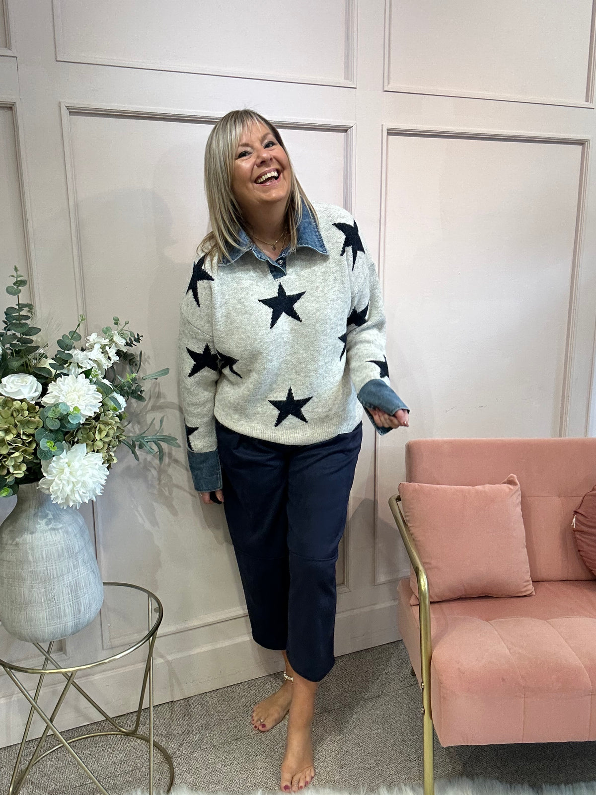 Stars & Denim Collar Jumper - Cream/Navy