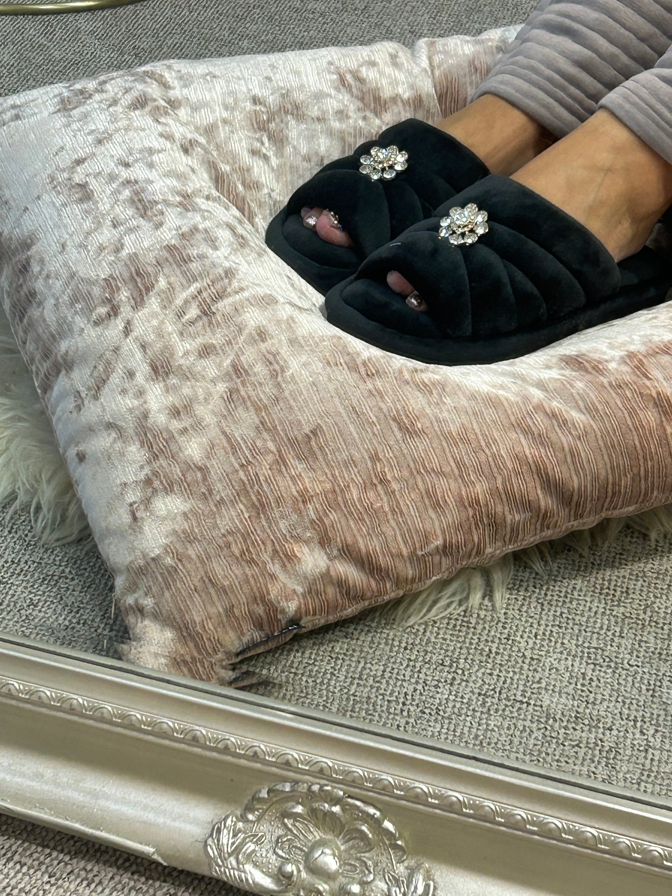 Gem Embellished Quilt Slipper -Raven