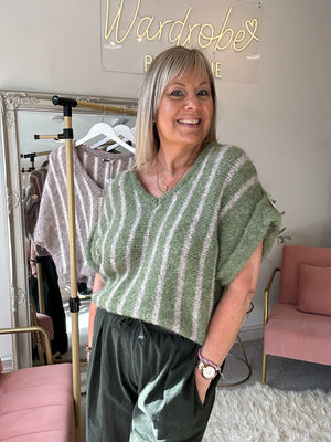 Gold Button Stipe Jumper - Green/Beige