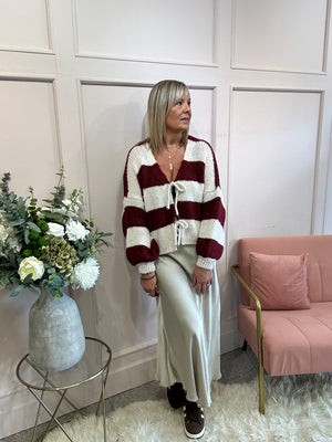 Chunky Striped Knitted Cardigan - Wine/Cream