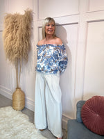 Ruffle Neck Flower Leaf Blouse - Blue/White