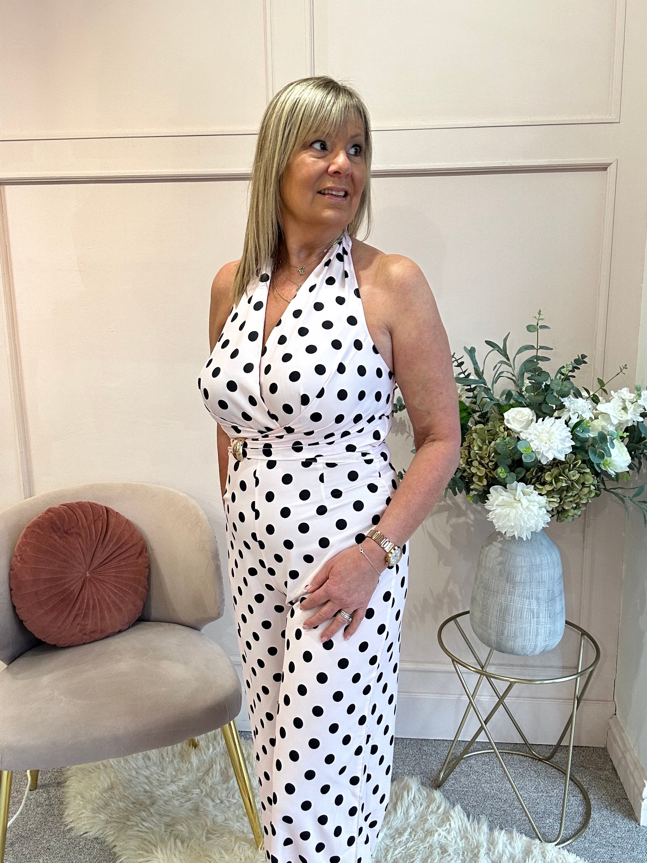 Halter Neck Polka Dot Jumpsuit - Soft Pink/Black - Wardrobe By Simone