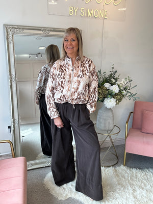 Leopard Satin Zip Bomber - Cream/Brown