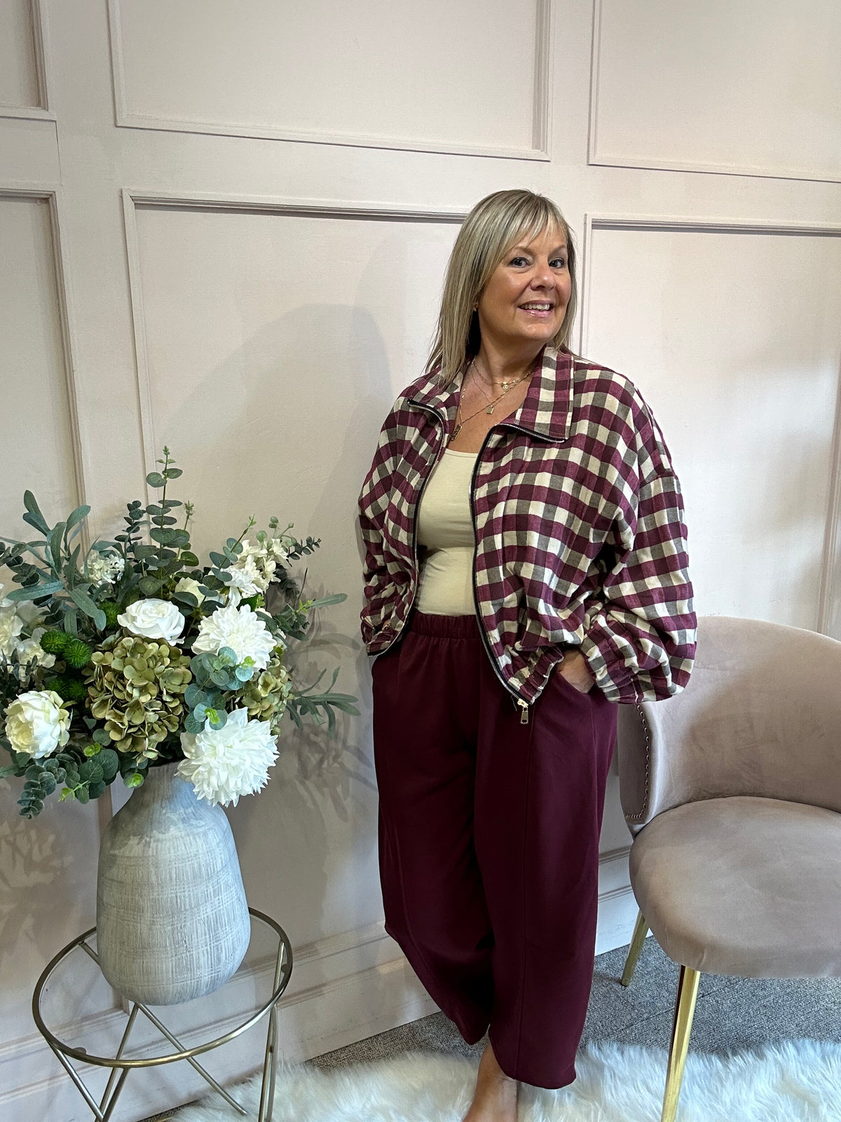 A Checked Zip Jacket - Burgundy/Cream - Wardrobe By Simone