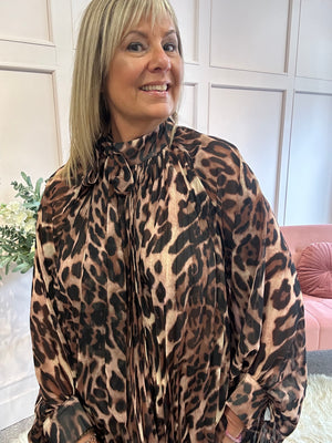Leopard Floaty Tie Pleated Top - Leopard
