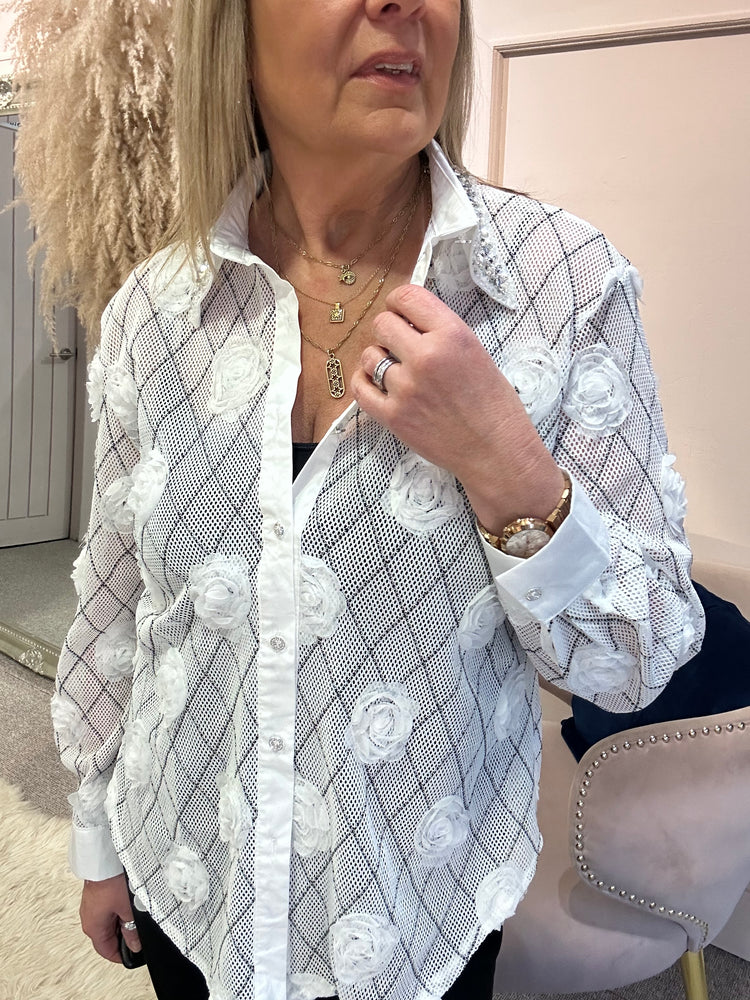 Delicate Rose Mesh Shirt - White - Wardrobe By Simone
