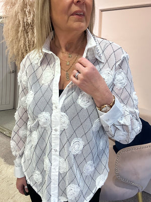 Delicate Rose Mesh Shirt - White - Wardrobe By Simone