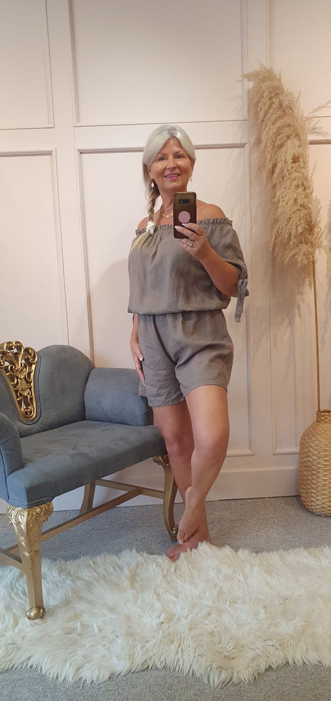 Linen Bardot Top & Shorts Playsuit - Taupe