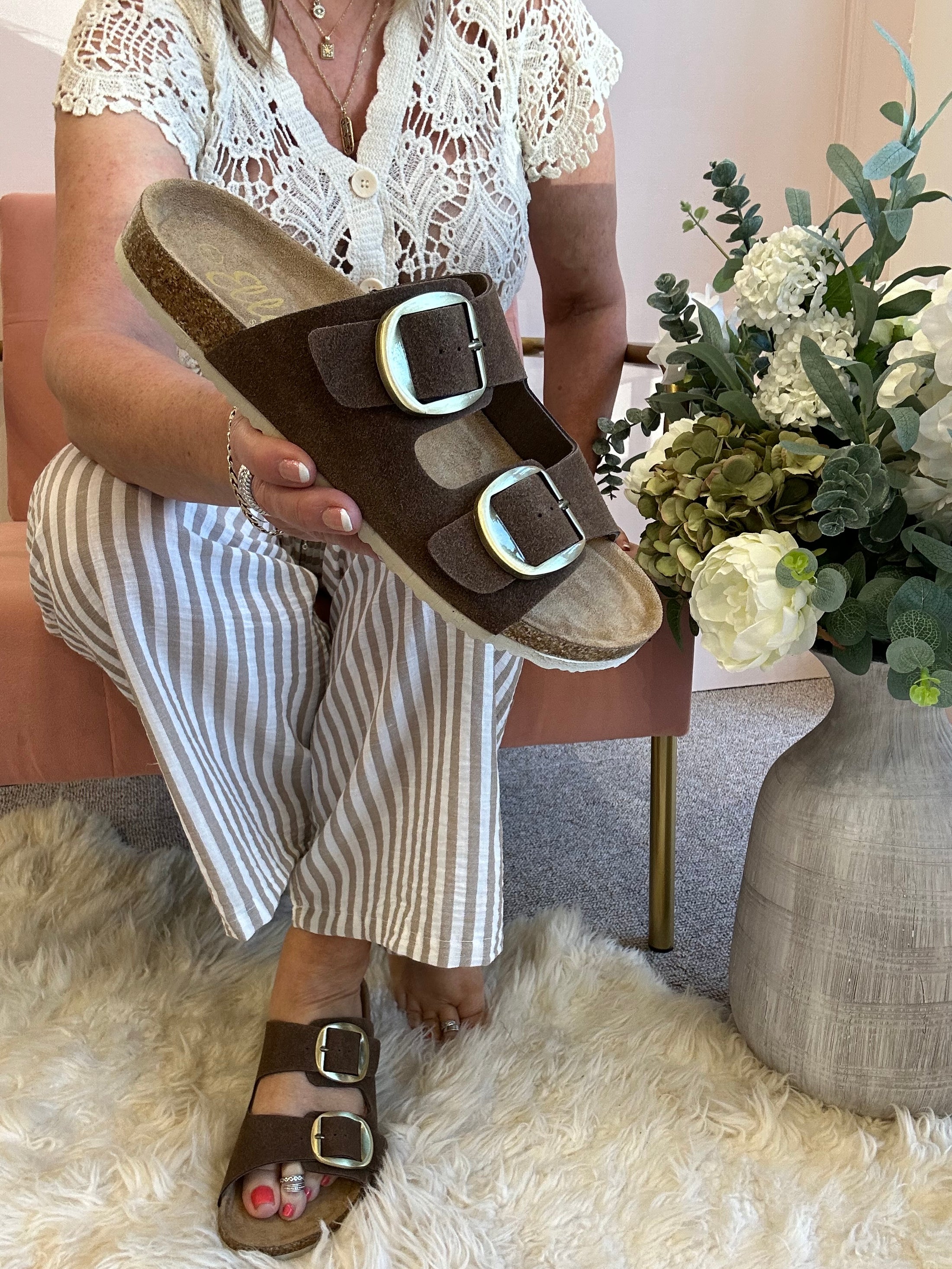 Violet Two Buckle Mule Sandal - Brown