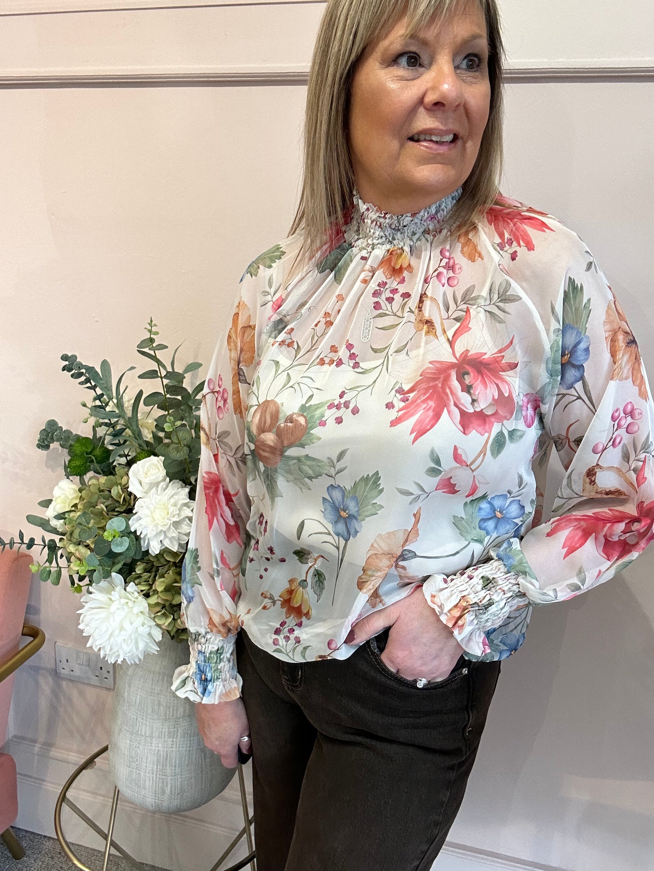 Floral Berry Ruffle Neck Top  - Cream - Wardrobe By Simone