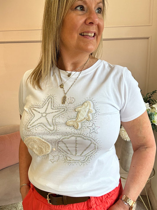 Sea Shells & Fish Sparkle T Shirt  - White - Wardrobe By Simone