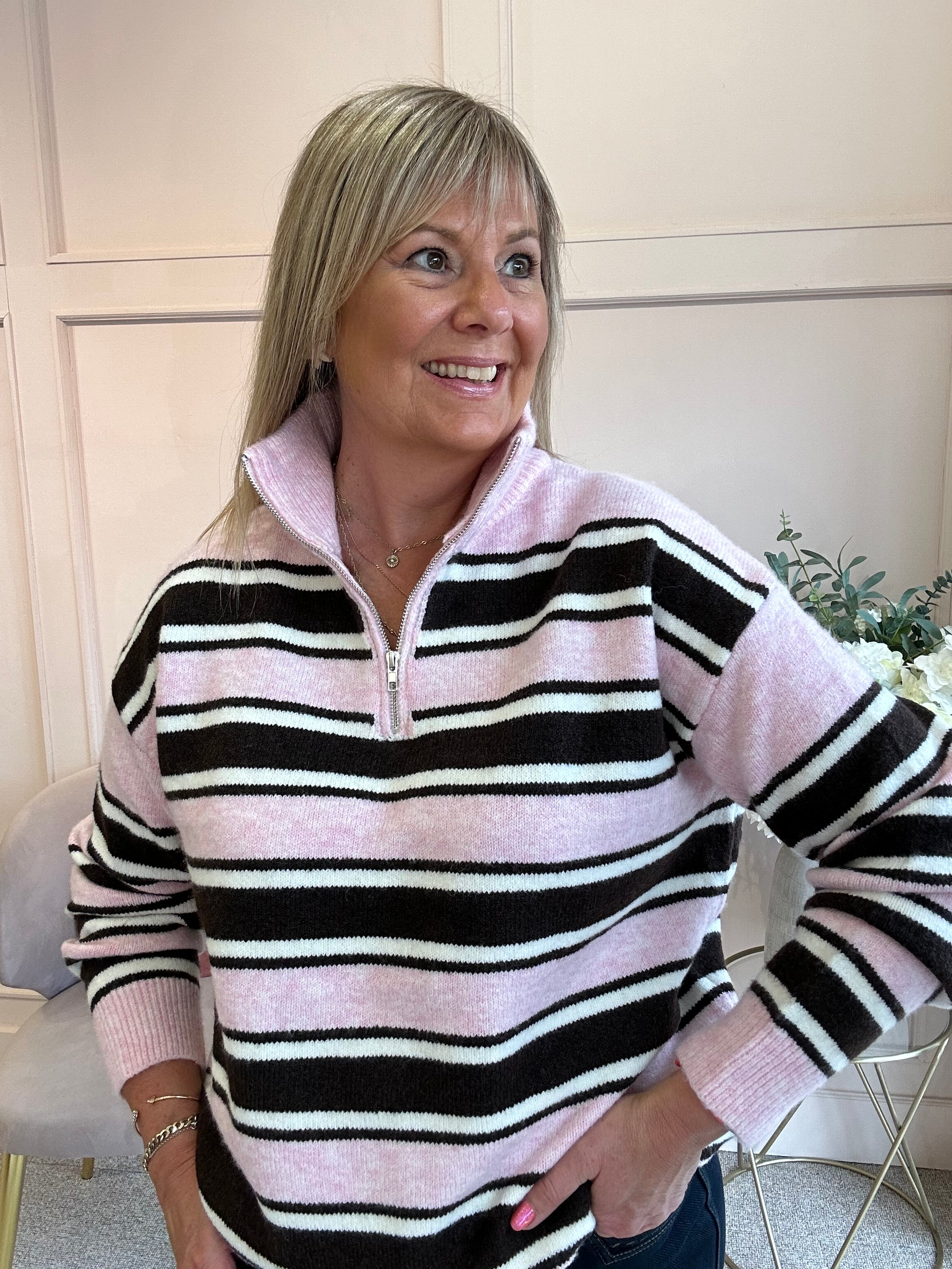 Striped Zip Jumper - Pink/Cream/Brown