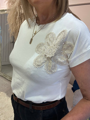 Cream Crochet Flower On T Shirt - White - Wardrobe By Simone