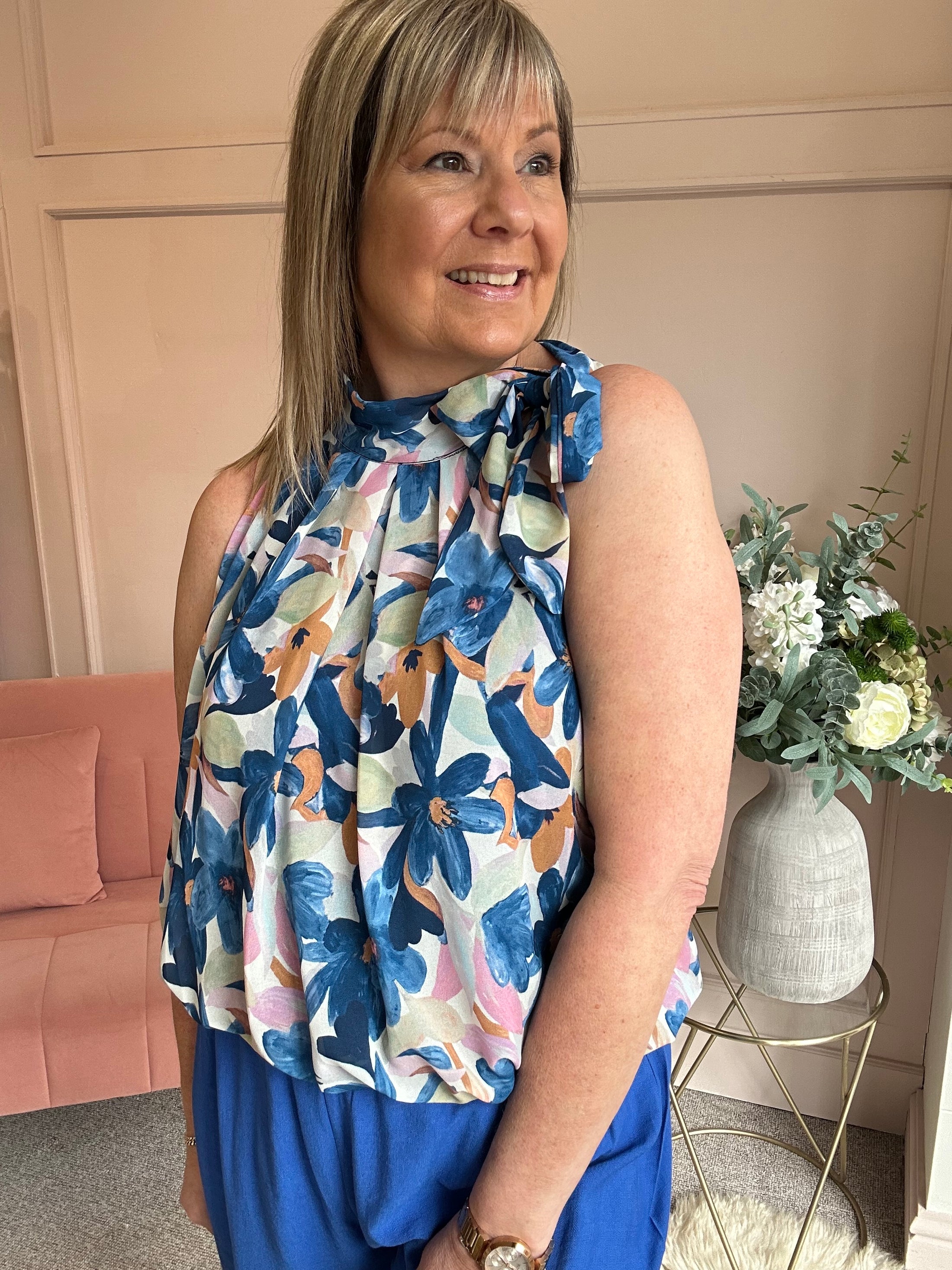 Floral Bow Tie Sleeveless Top - Blue/Pink - Wardrobe By Simone