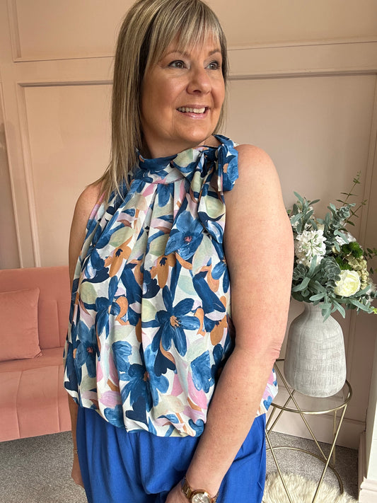 Floral Bow Tie Sleeveless Top - Blue/Pink - Wardrobe By Simone