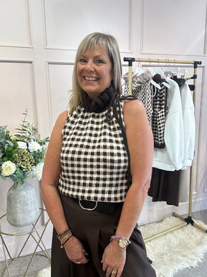 Ruffle Nec Top - Dark Brown Check