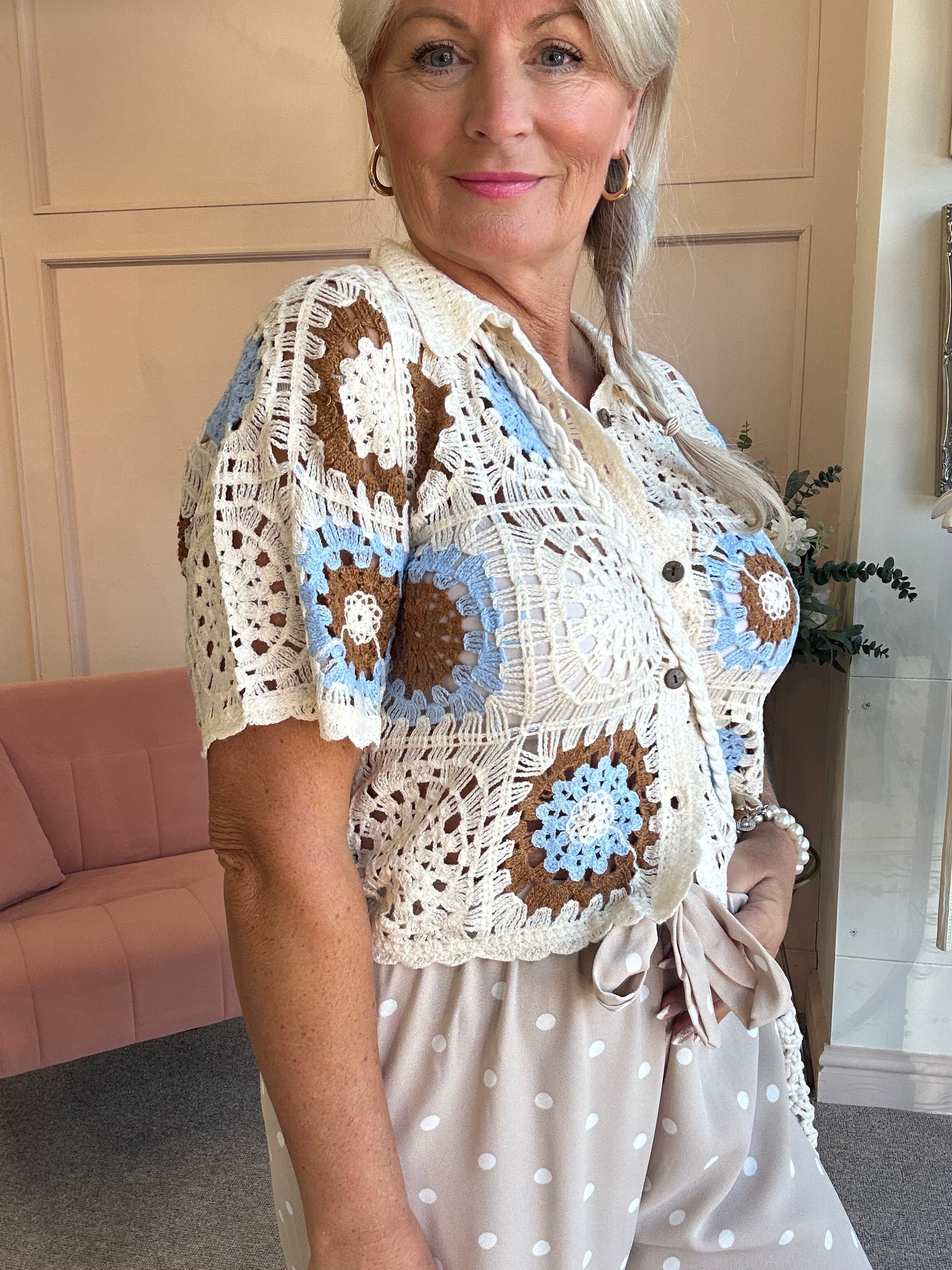 Crochet Collared Cardigan - Cream/Blue/Tan - Wardrobe By Simone