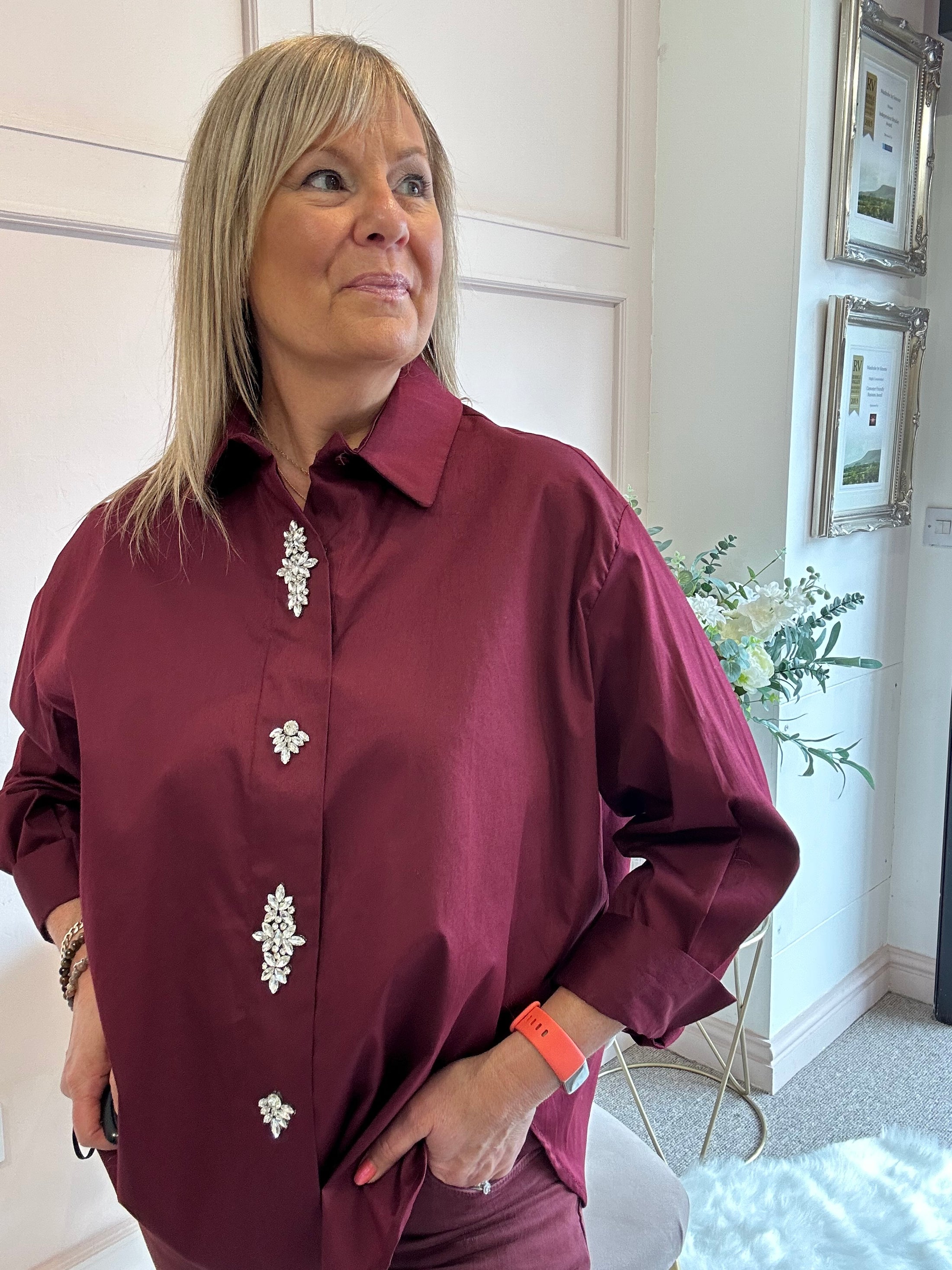 Jewel Button Shirt - Burgundy