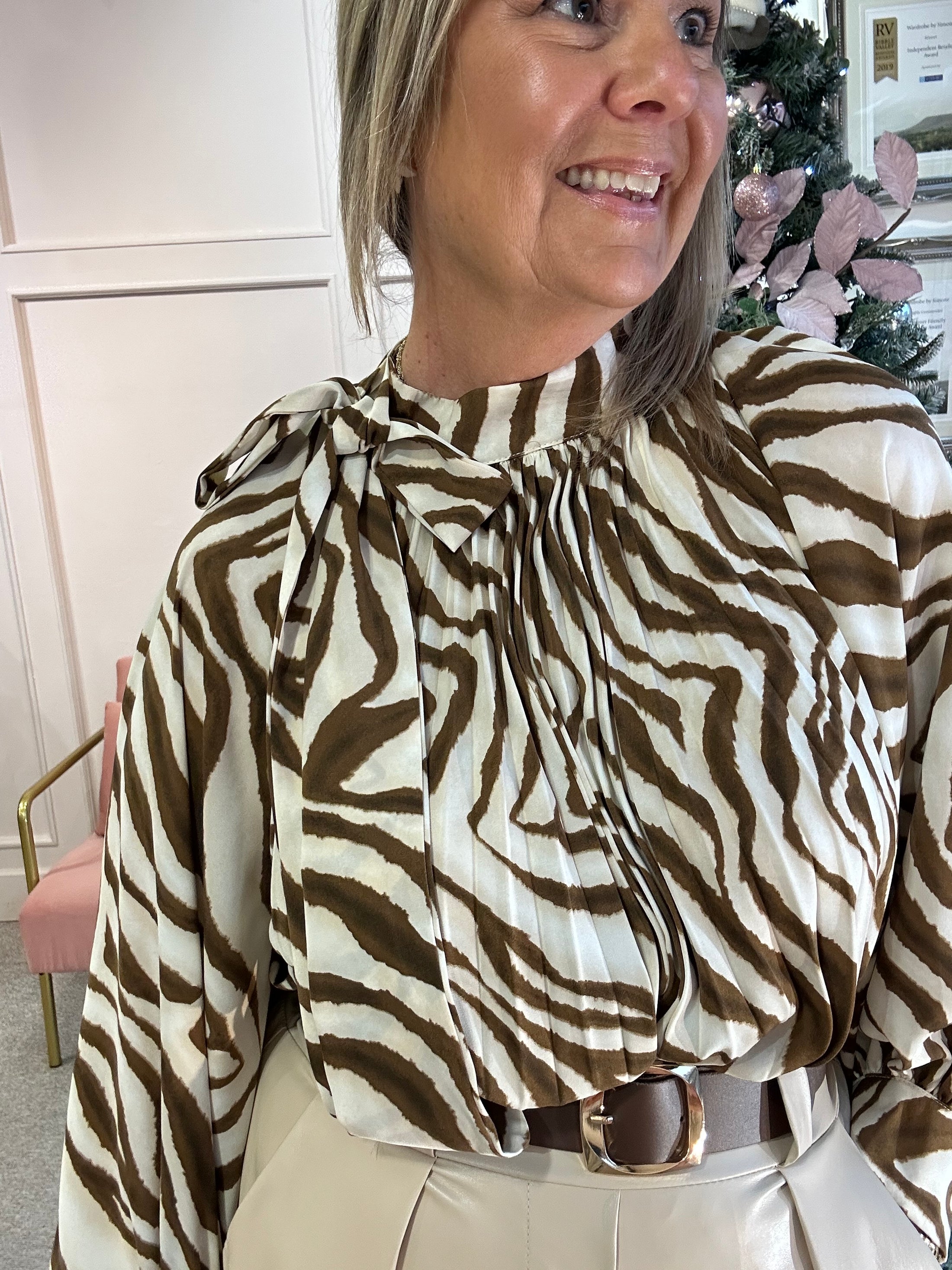 Zebra Bow Tie Blouse - Brown/Cream