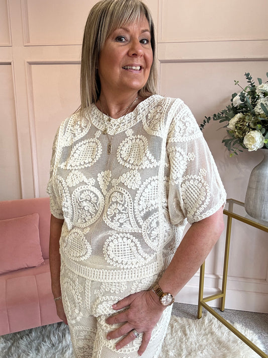 Woven Lace Detail Top& Pant Set - Cream - Wardrobe By Simone