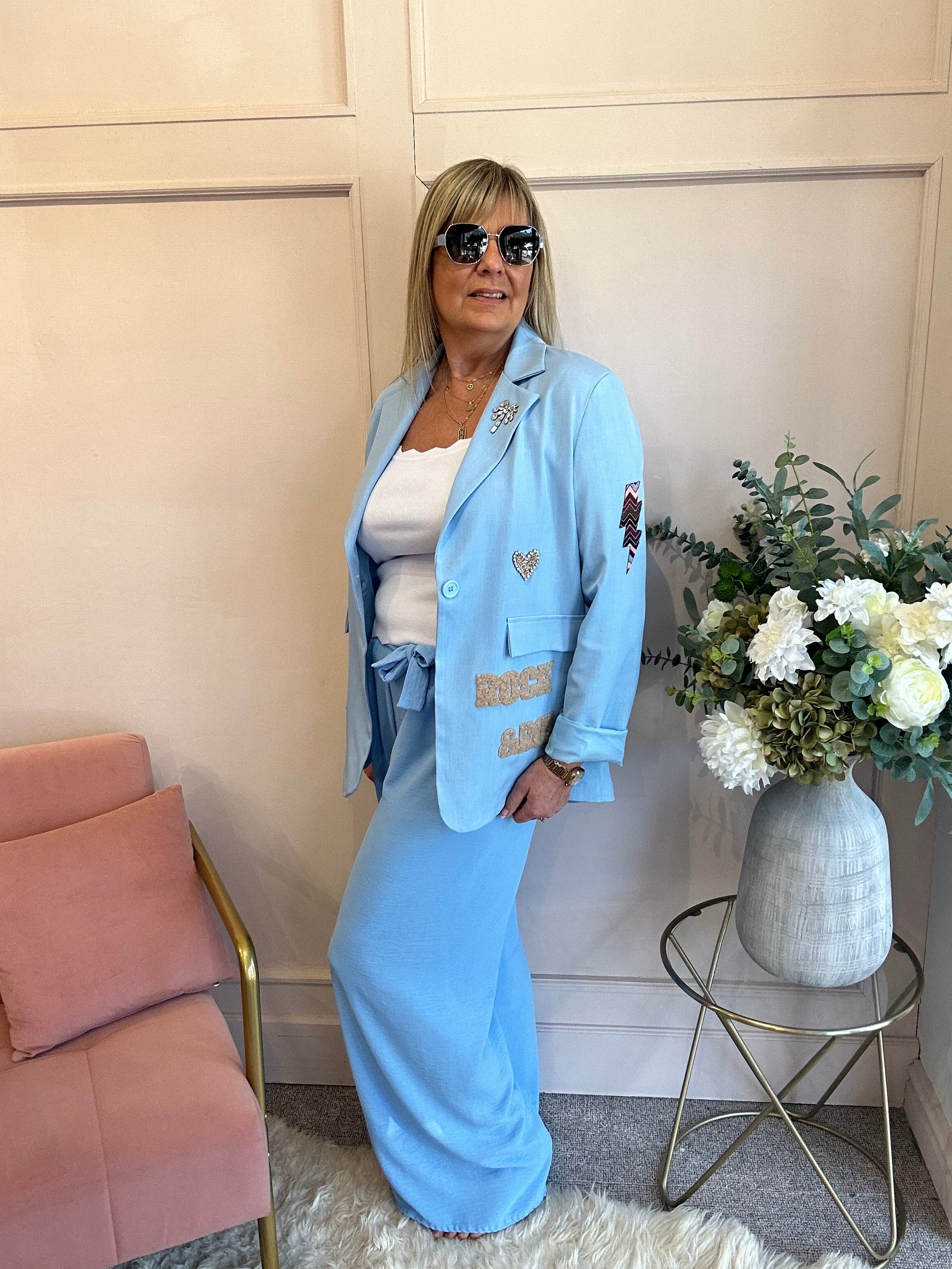 Rock & Roll Oversized Blazer Jacket - Cornflower Blue - Wardrobe By Simone
