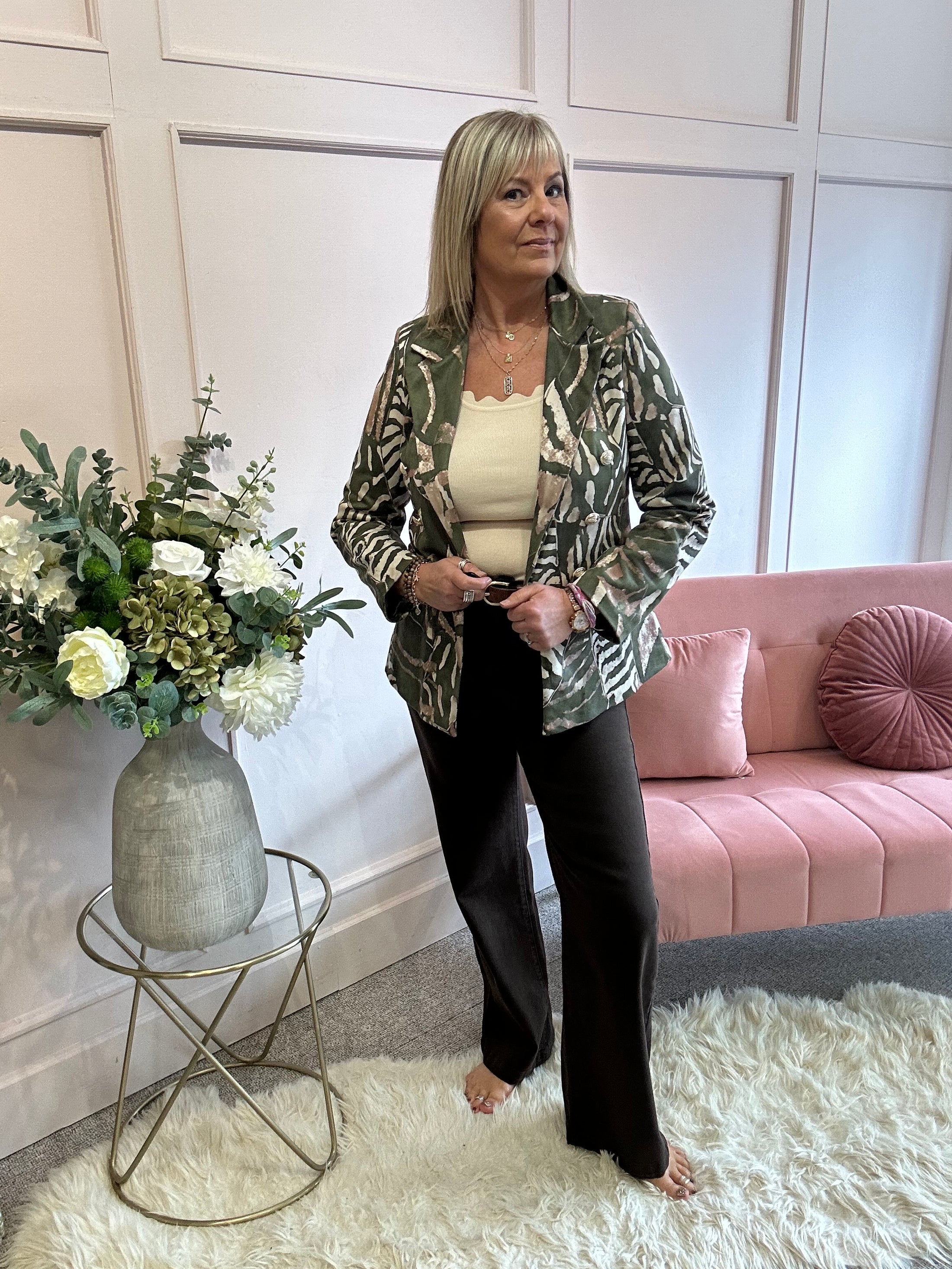 Leafy Double Breasted Jacket - Khaki/Cream