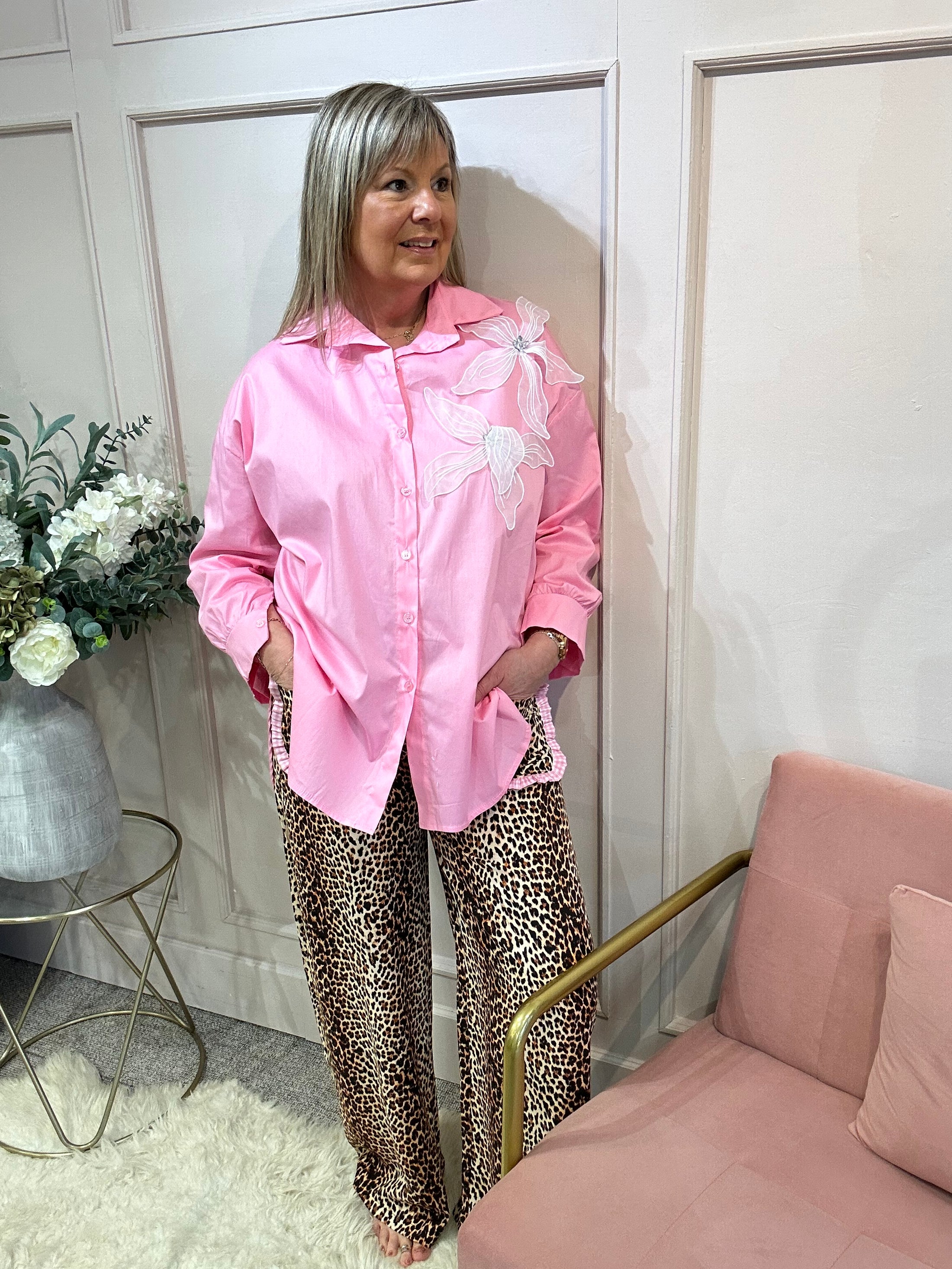 White Applique Flower Shirt  - Sugar Pink - Wardrobe By Simone