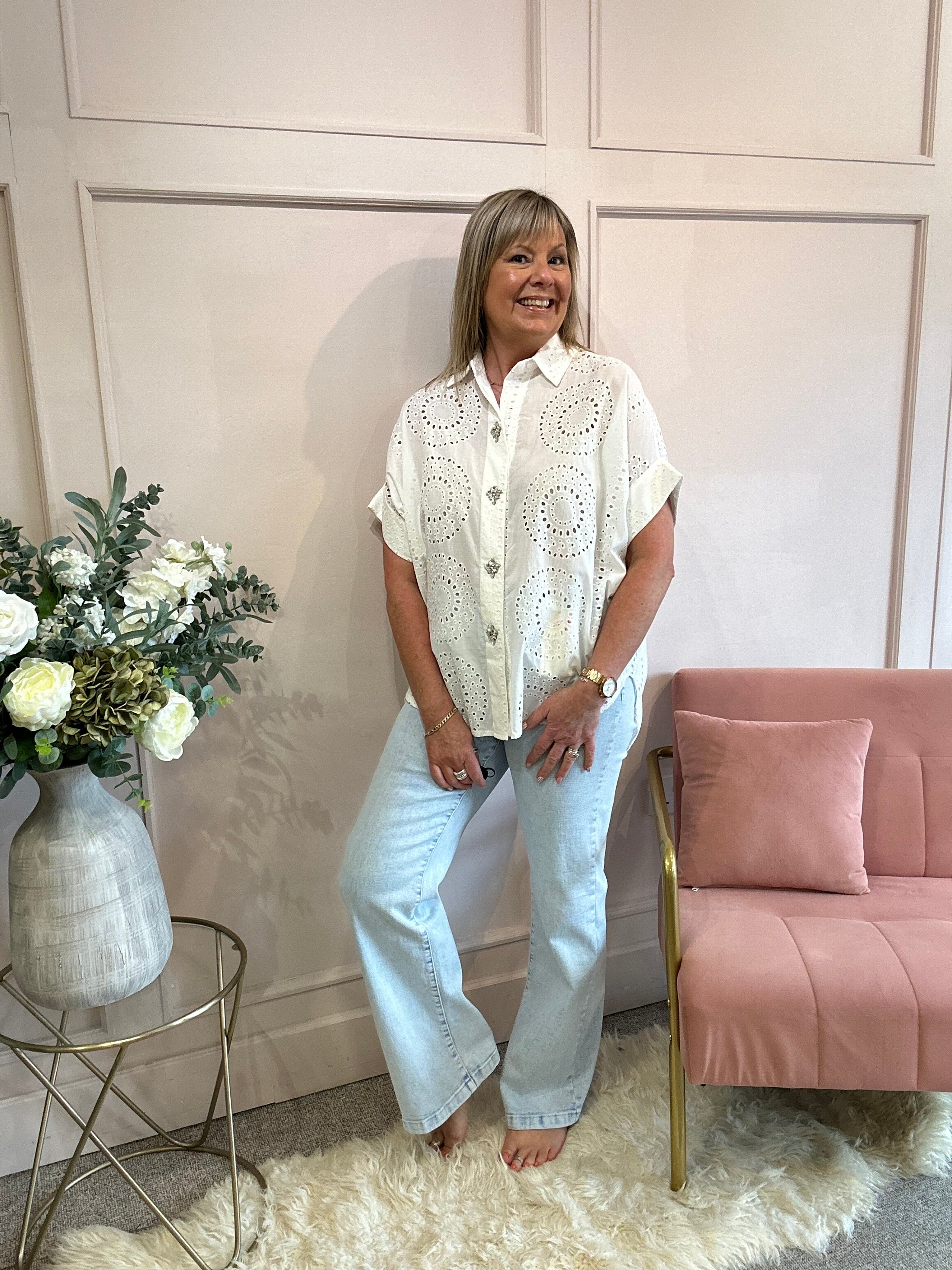 Broderie Anglaise Jewel Button Shirt  - White - Wardrobe By Simone