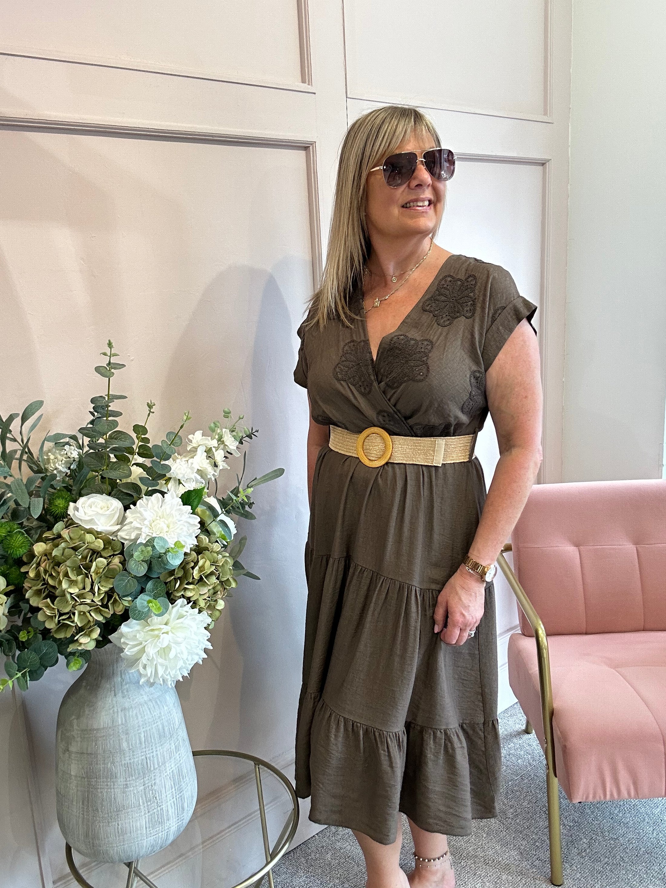 Flower Detail Belted Midi Dress - Brown
