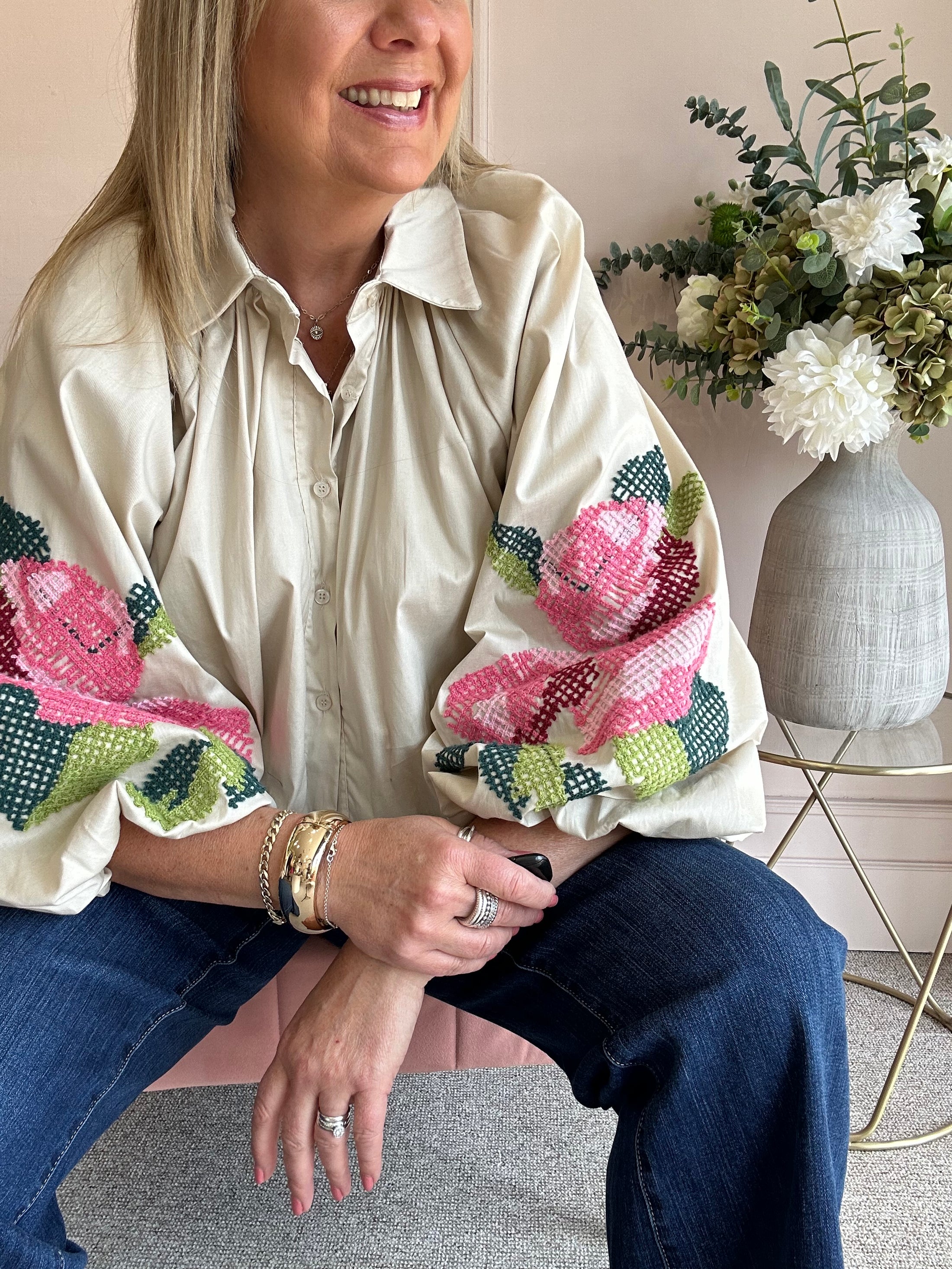 Floral Embroidered Sleeve Shirt - Light Beige