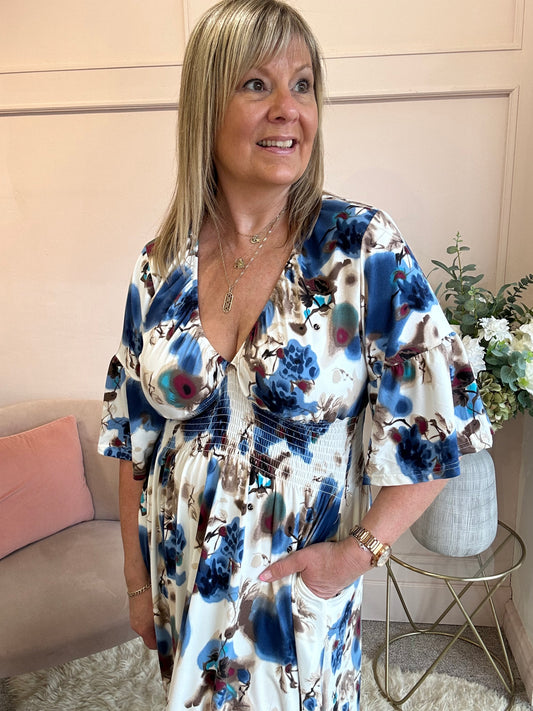 Oriental Maxi Dress - Cream/Blue - Wardrobe By Simone