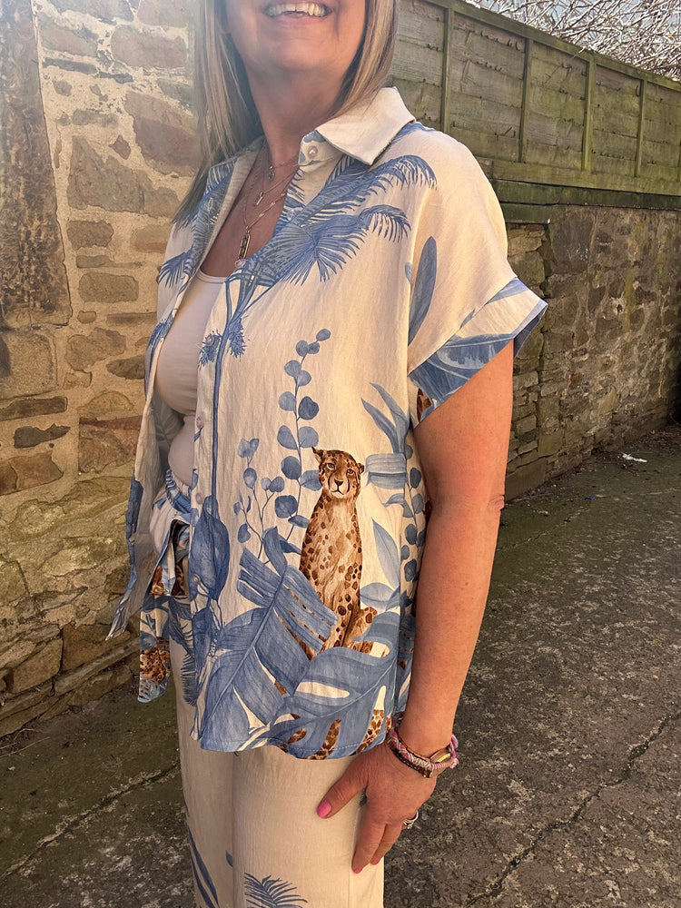 Cheetah & Palm Print Shirt - Cream/Blue
