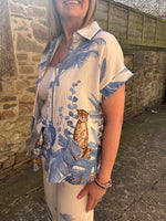 Cheetah & Palm Print Shirt - Cream/Blue