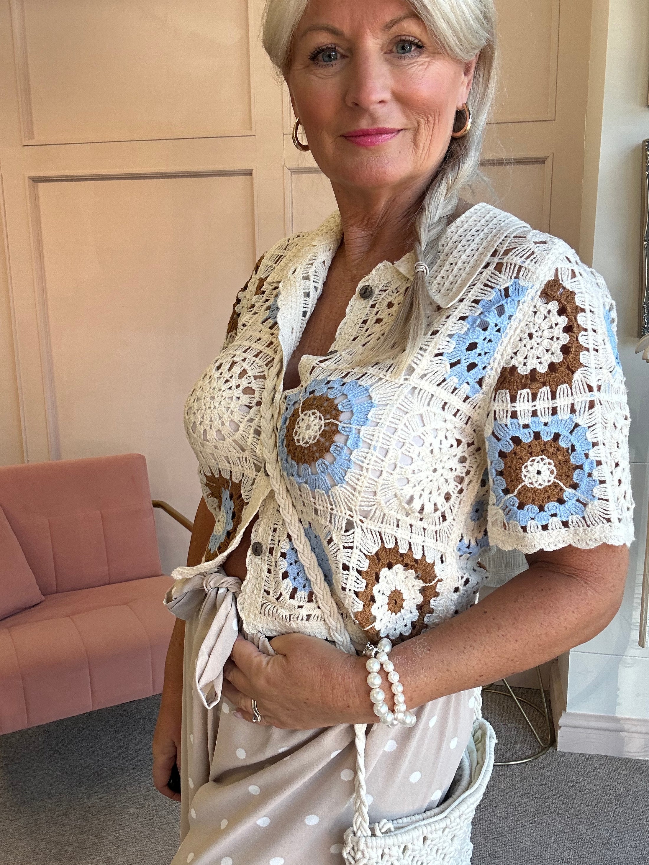 Crochet Collared Cardigan - Cream/Blue/Tan - Wardrobe By Simone