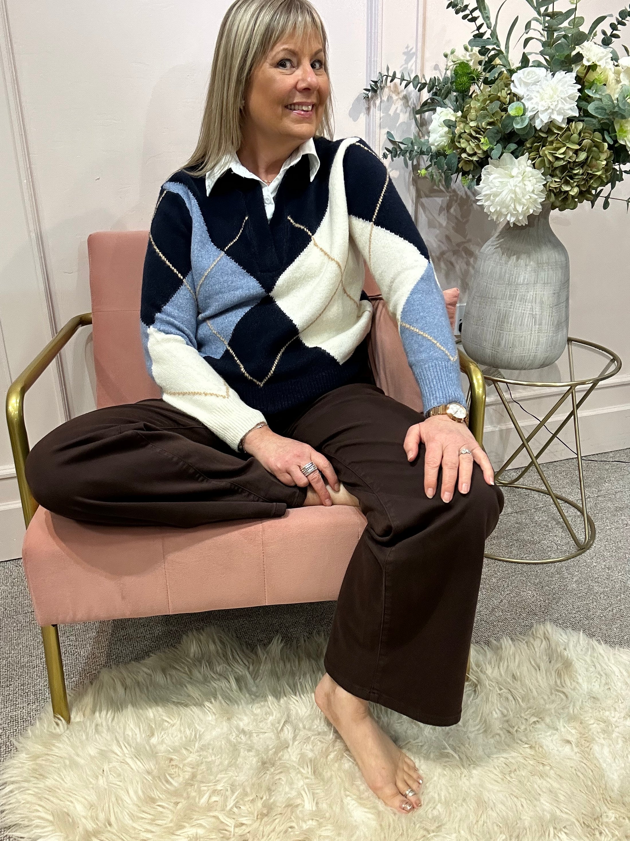 White Shirt Diamond Jumper - Cream/Blues