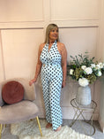 Load image into Gallery viewer, Halter Neck Polka Dot Jumpsuit - Soft Blue/Black - Wardrobe By Simone

