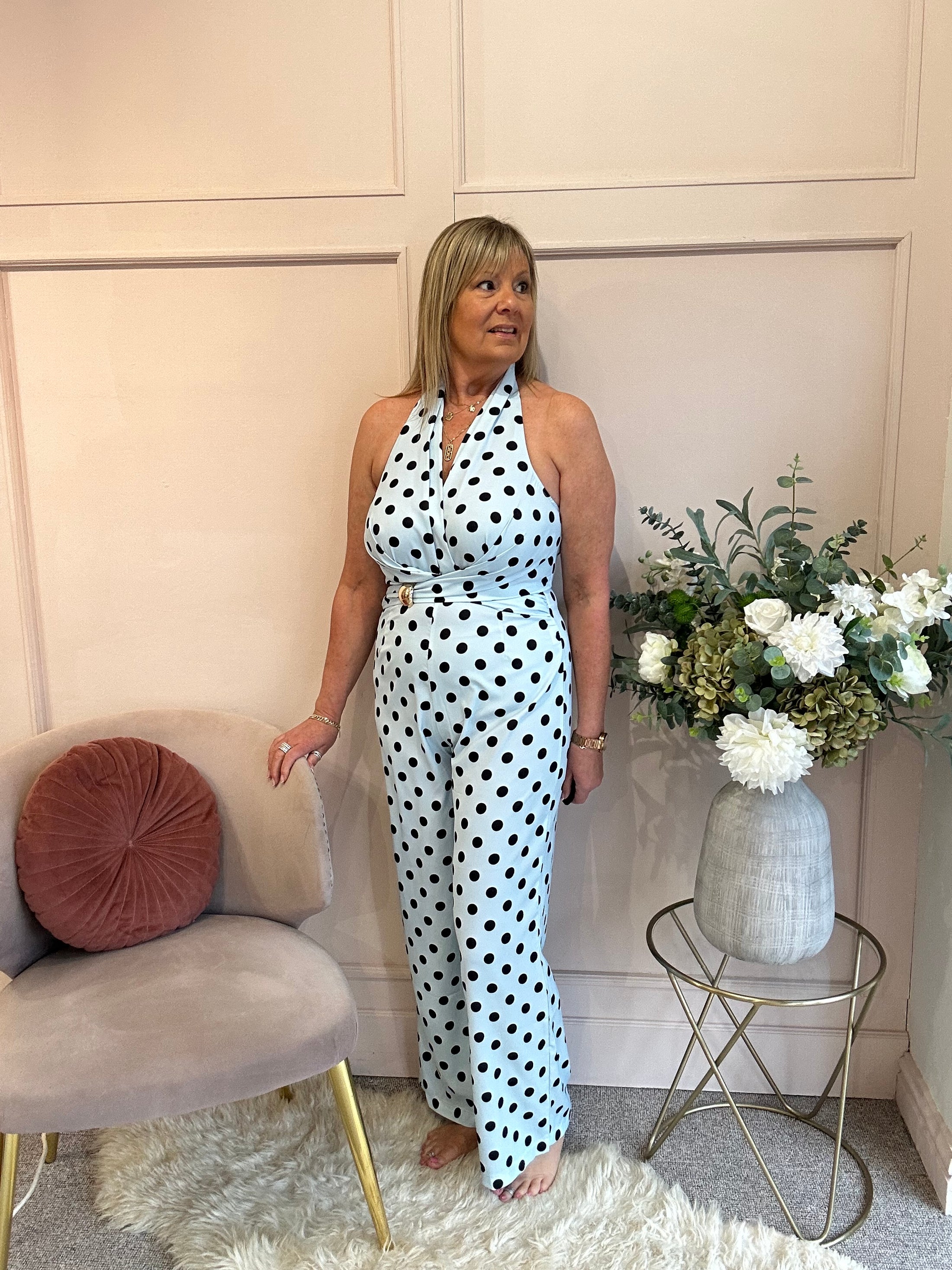 Halter Neck Polka Dot Jumpsuit - Soft Blue/Black - Wardrobe By Simone