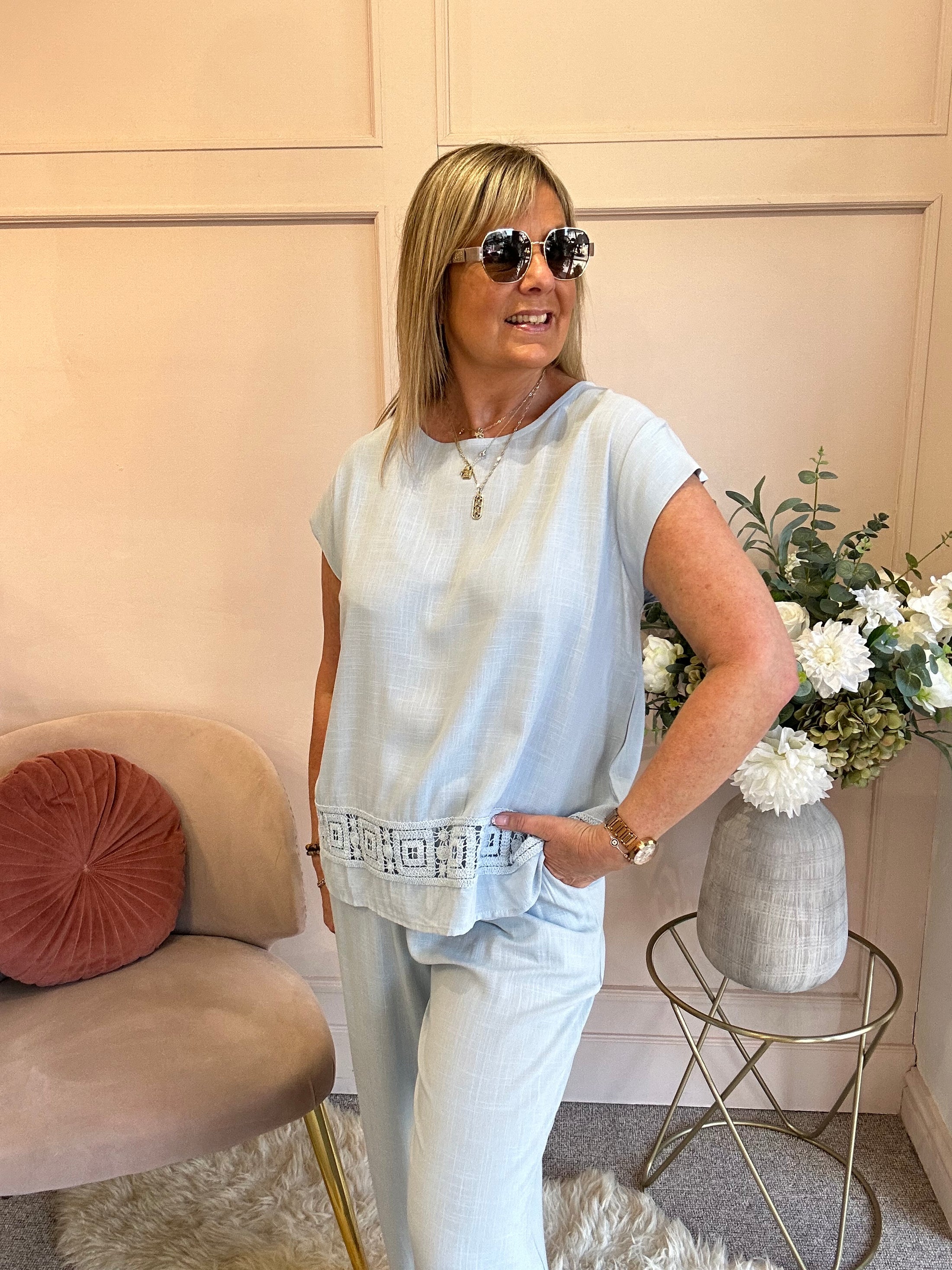 Detailed Edge Top & Pant Set - Soft Blue - Wardrobe By Simone