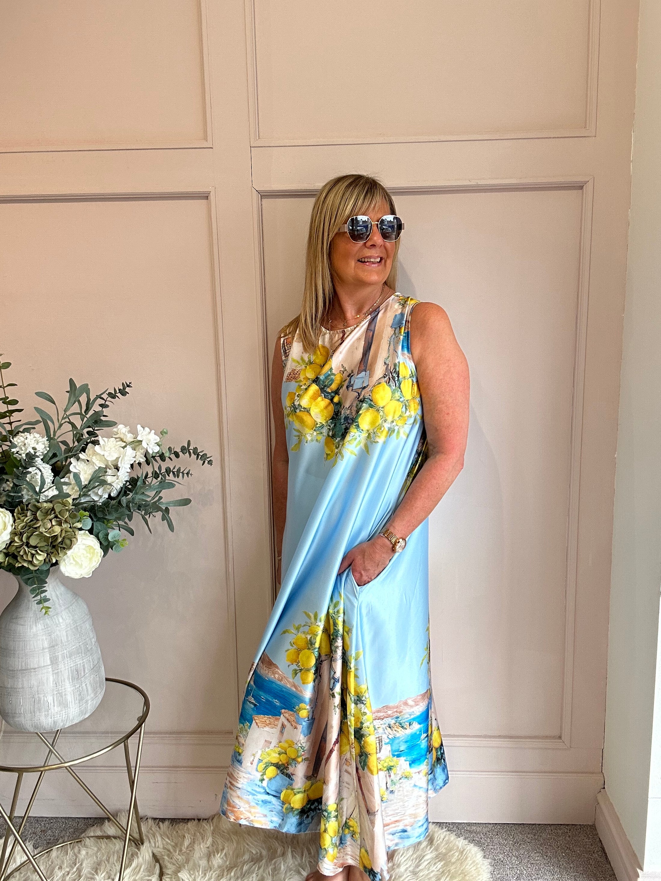 Santorini & Lemons Maxi Dress- Aqua Blue