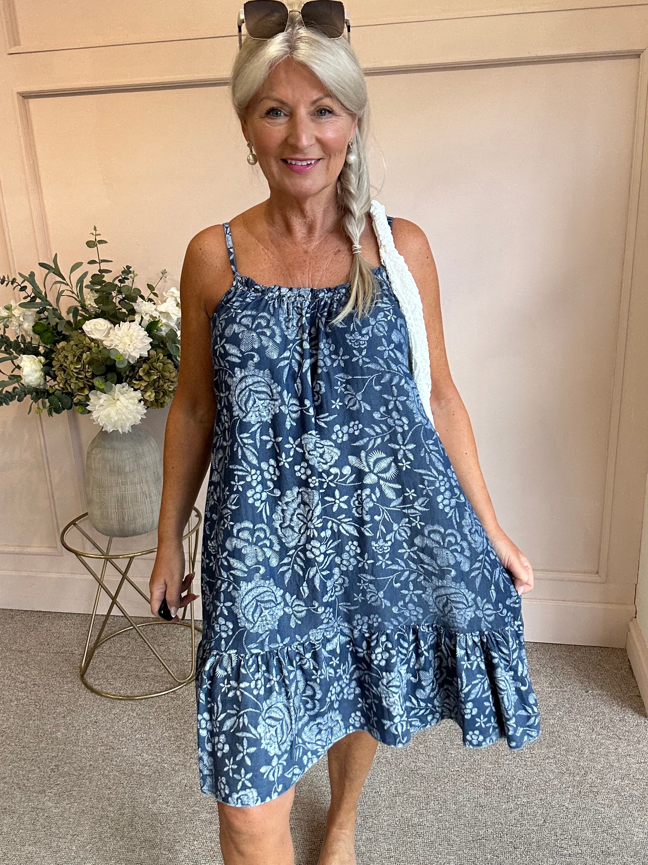 Summer Days Leafy SunDress - Denim Blue - Wardrobe By Simone