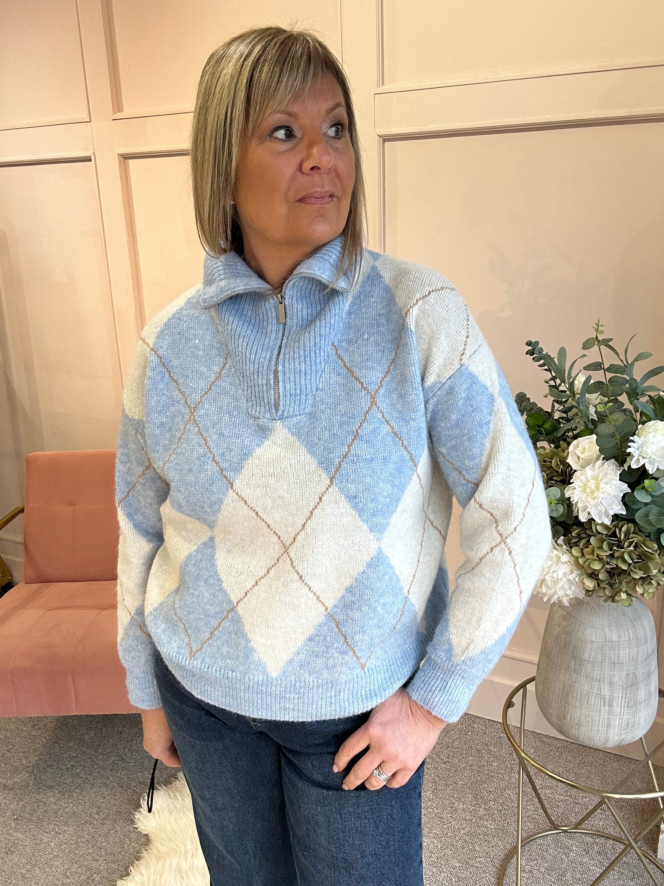 Diamond Pattern Zip Jumper - Powder Blue/Cream