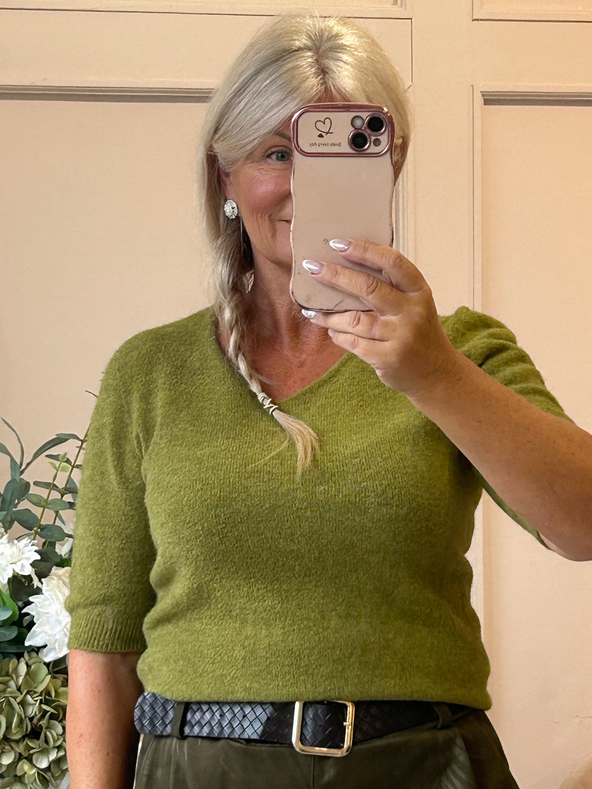 V Neck Short Sleeve Jumper - Olive