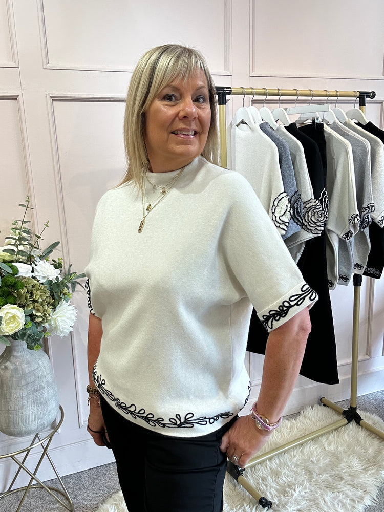Embroidered Leaf Detail Jumper - Cream