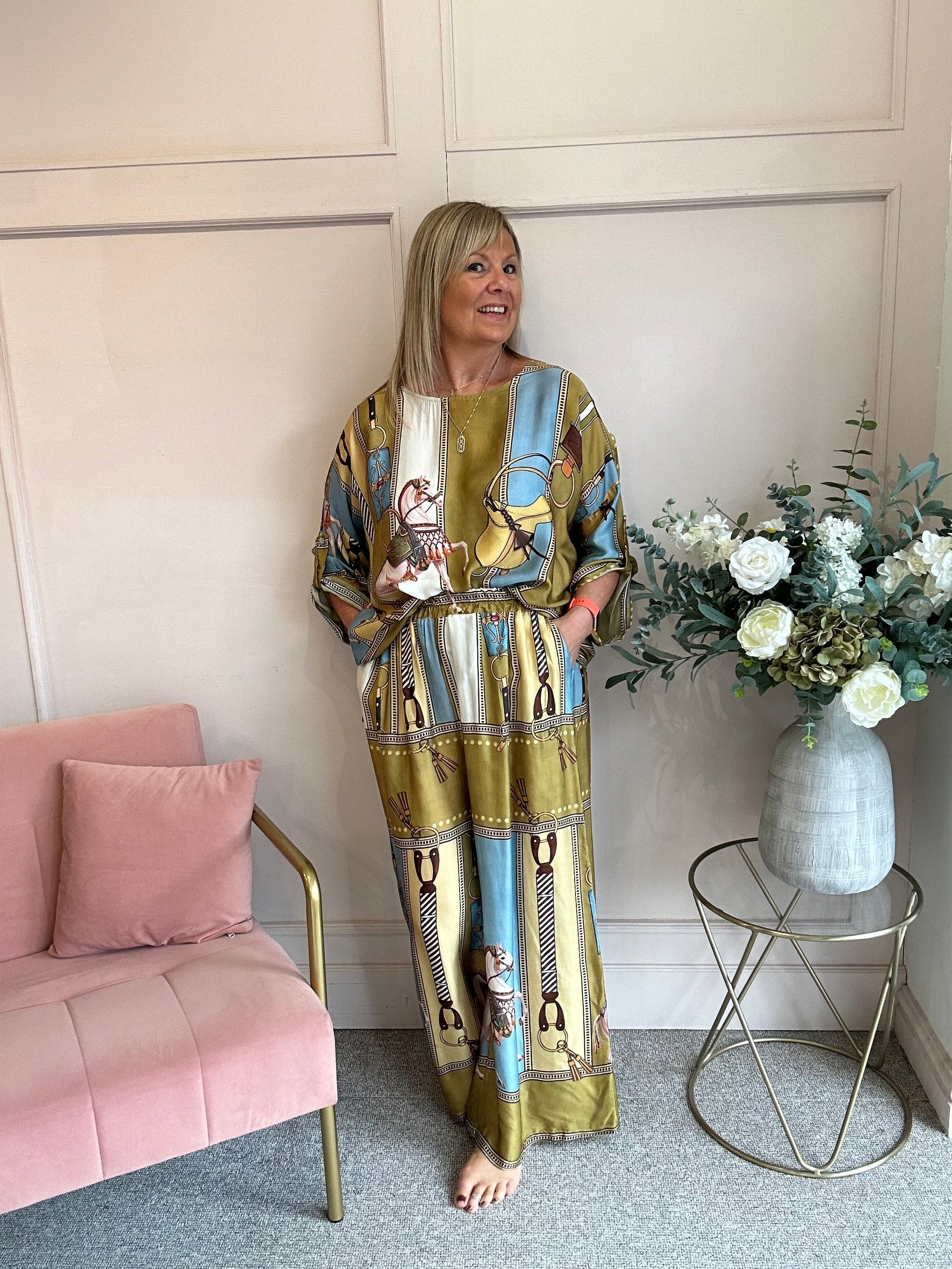 Horse & Bridle Silk Wide Pant - Mustard/Blue - Wardrobe By Simone