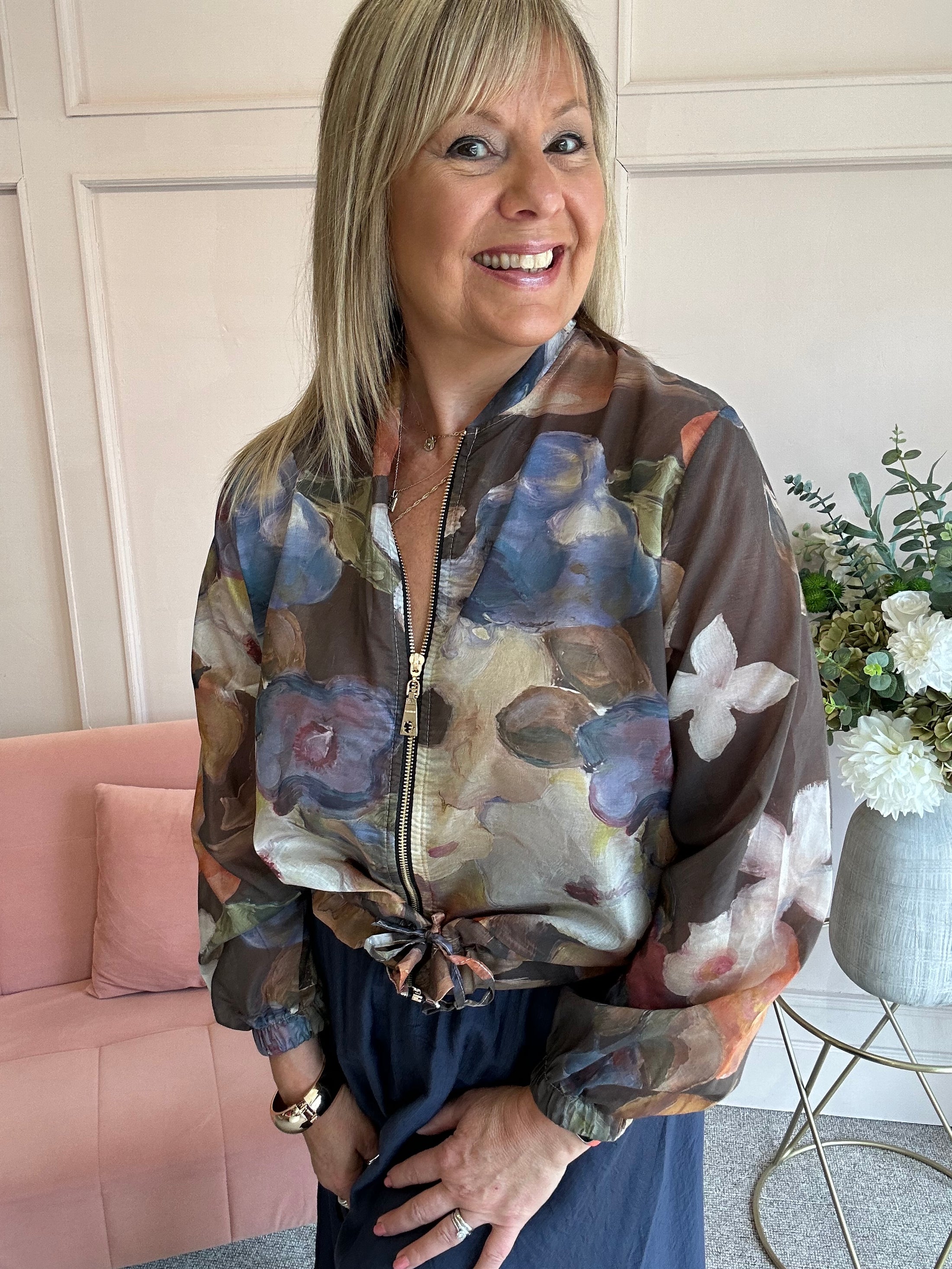 Floral Bloom Zip Jacket - Brown/Blue