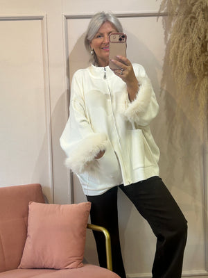 Fluff Detail  Zipped Cardi/Jacket - Cream