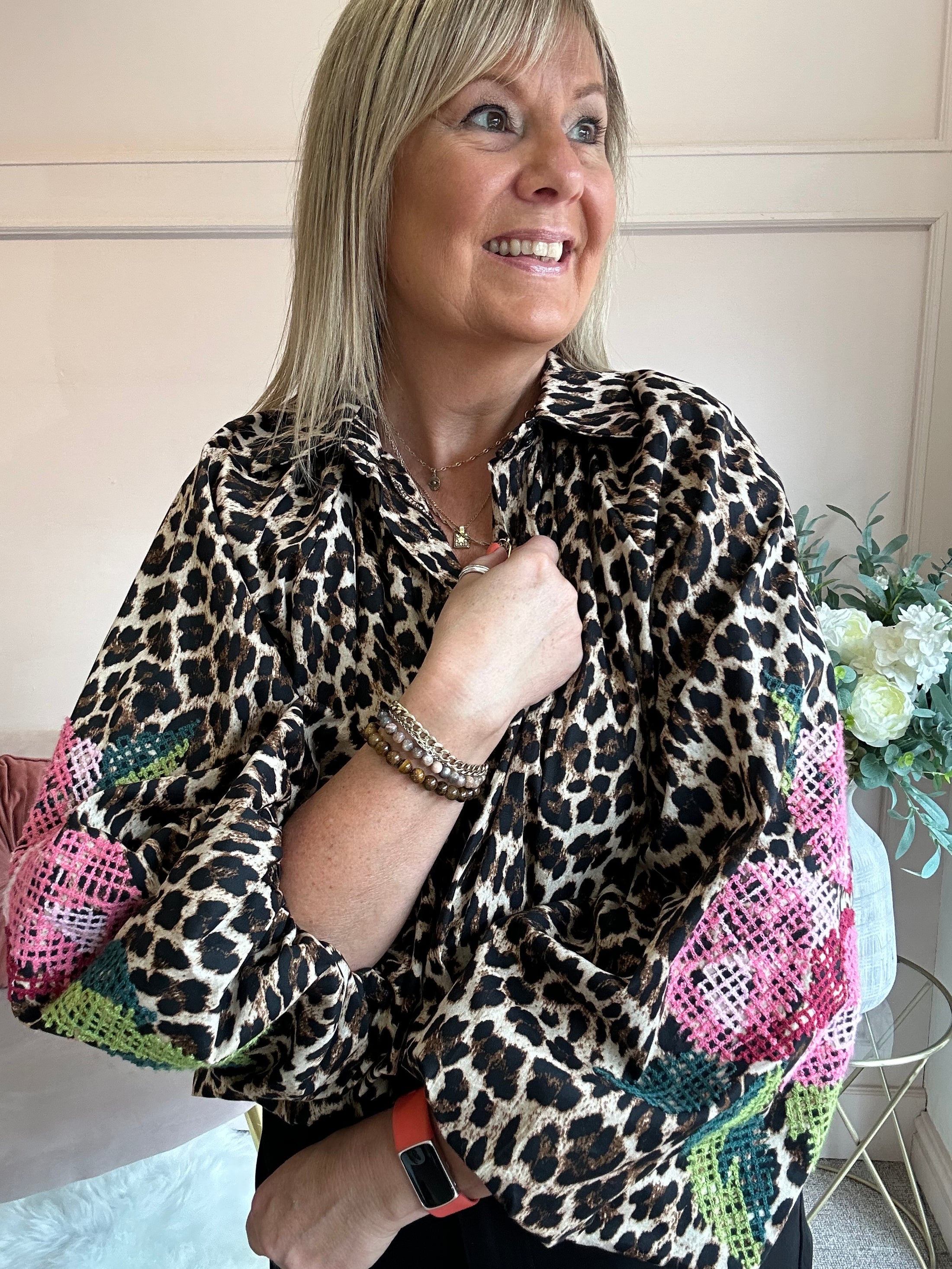 Floral Embroidered Leopard Shirt - Black/Brown