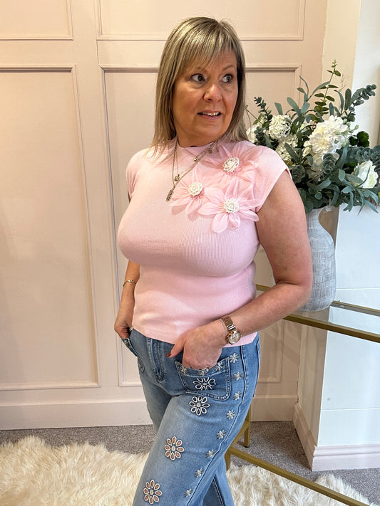 Flower Pearl Detailed Top  - Pink - Wardrobe By Simone