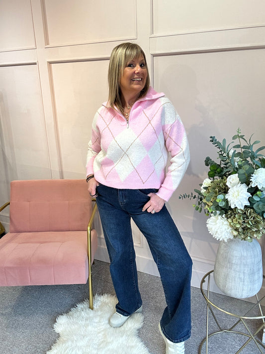 Diamond Pattern Zip Jumper - Candy Pink/Cream