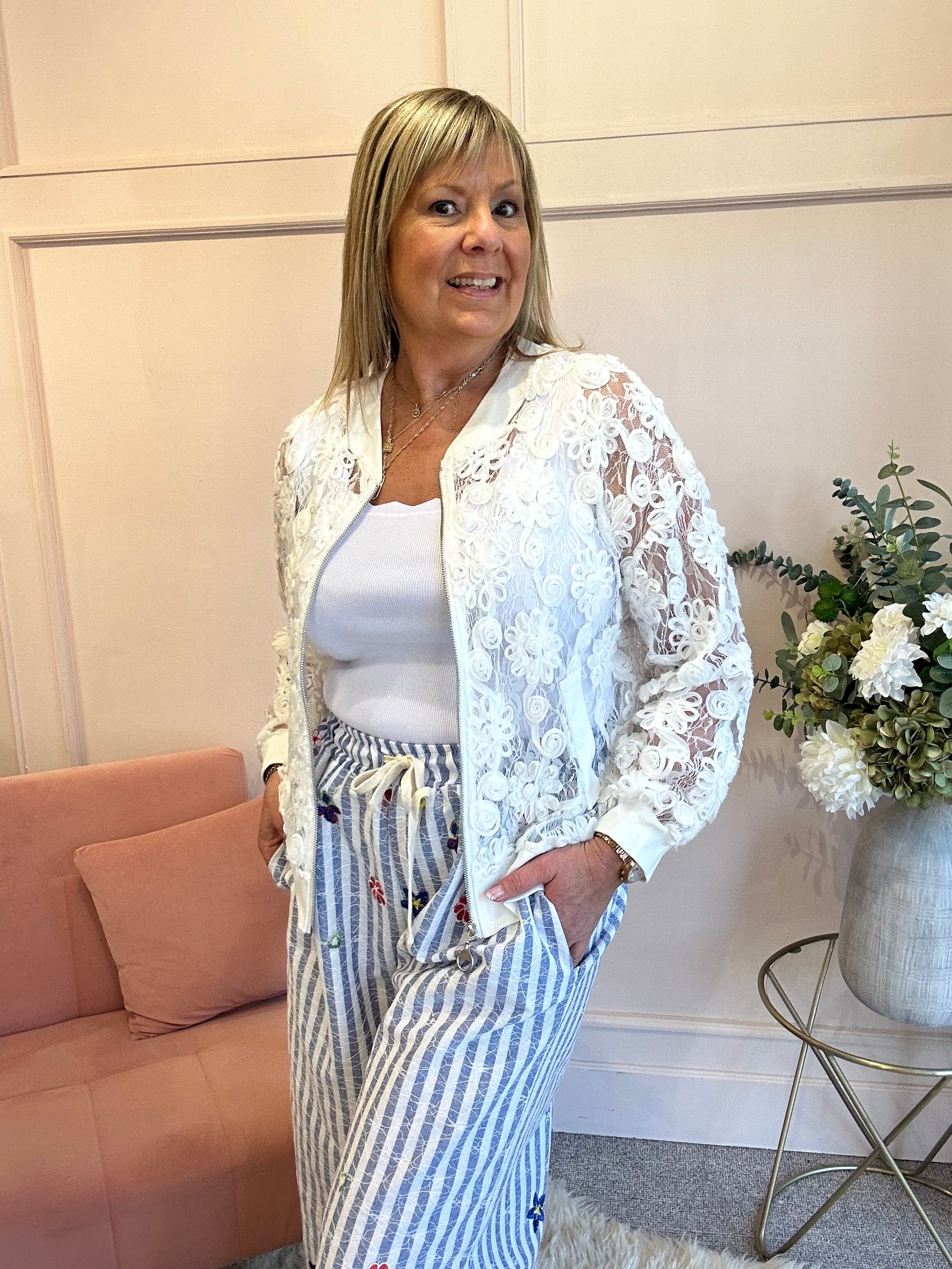 Floral Ribbon Zipped Top - White - Wardrobe By Simone